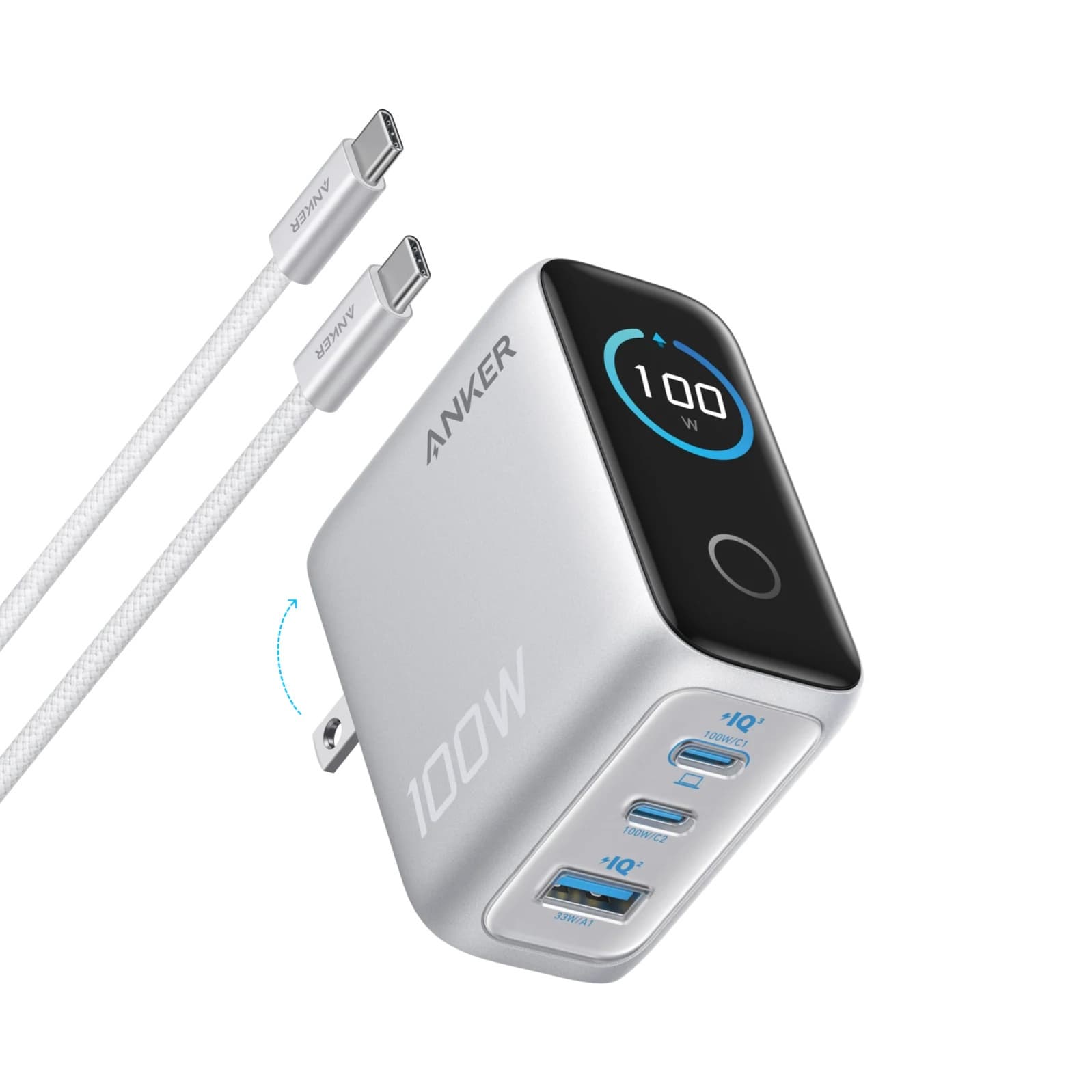 Anker Charger (100W, 3 Ports, Smart Display) Grey | B121BK41 1