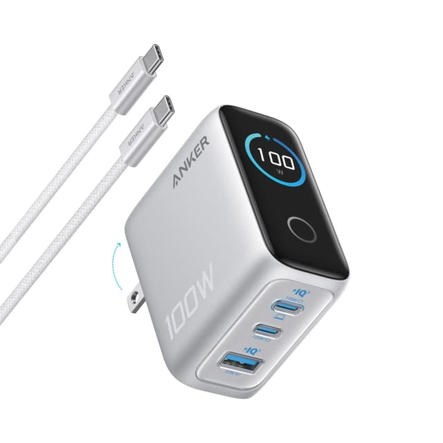 Anker Charger (100W, 3 Ports, Smart Display) Grey | B121BK41