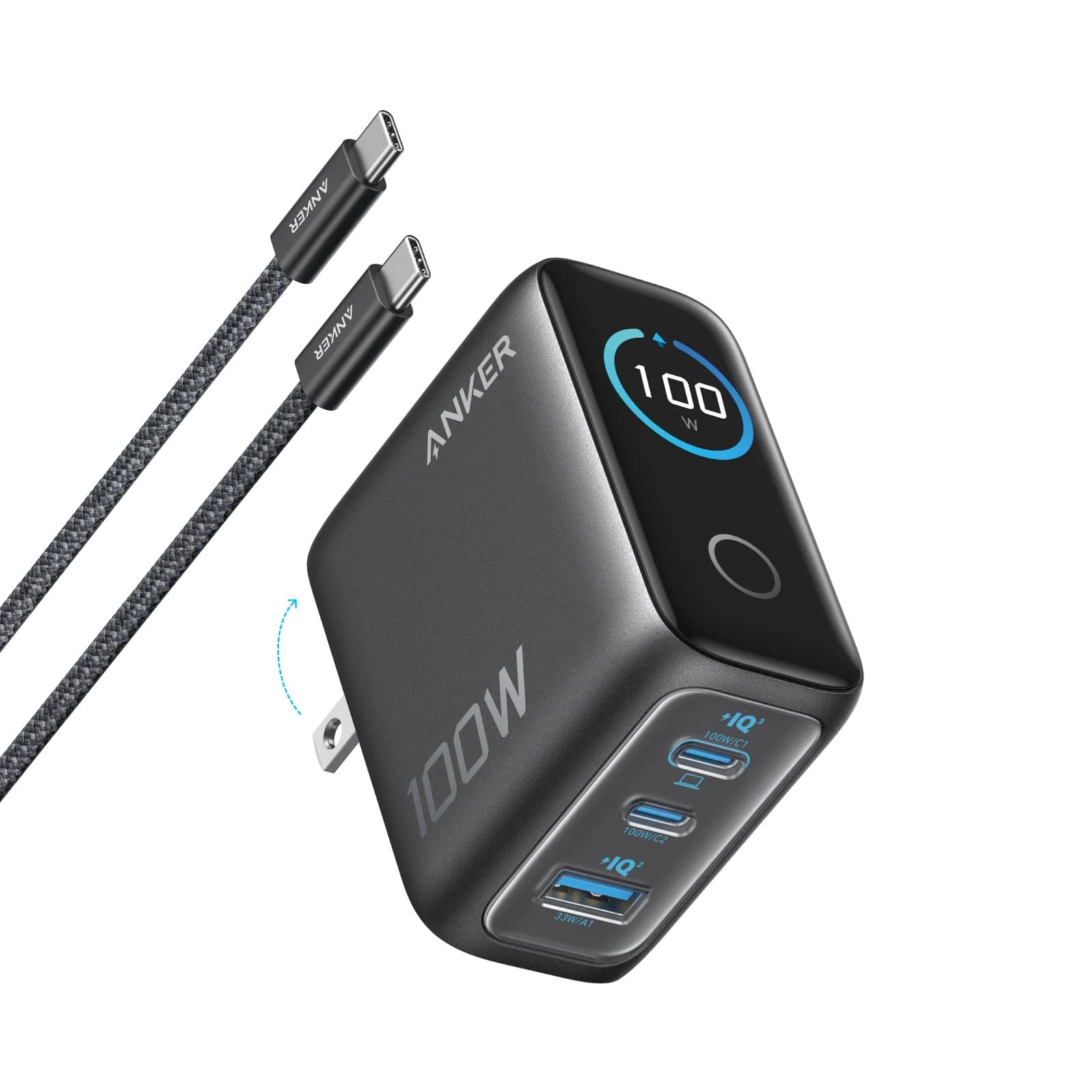 Anker Charger (100W, 3 Ports, Smart Display) Grey B121BKZ1 1