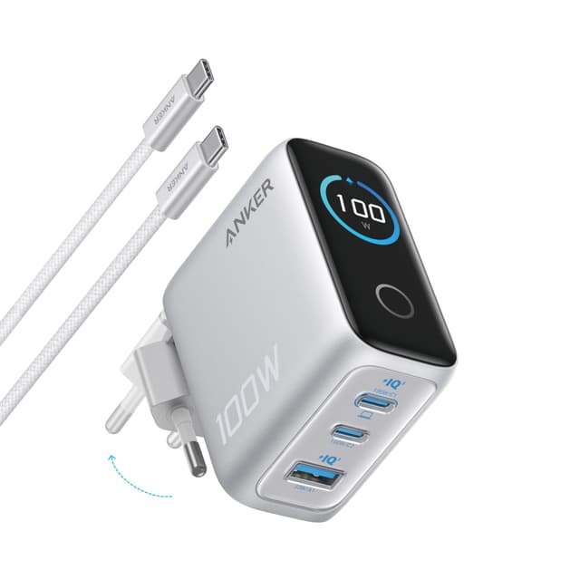 Anker Charger (100W, 3 Ports, Smart Display) Silver B121BG41